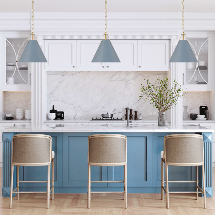 Gold and Blue Steel Cone Pendant Light, 12"