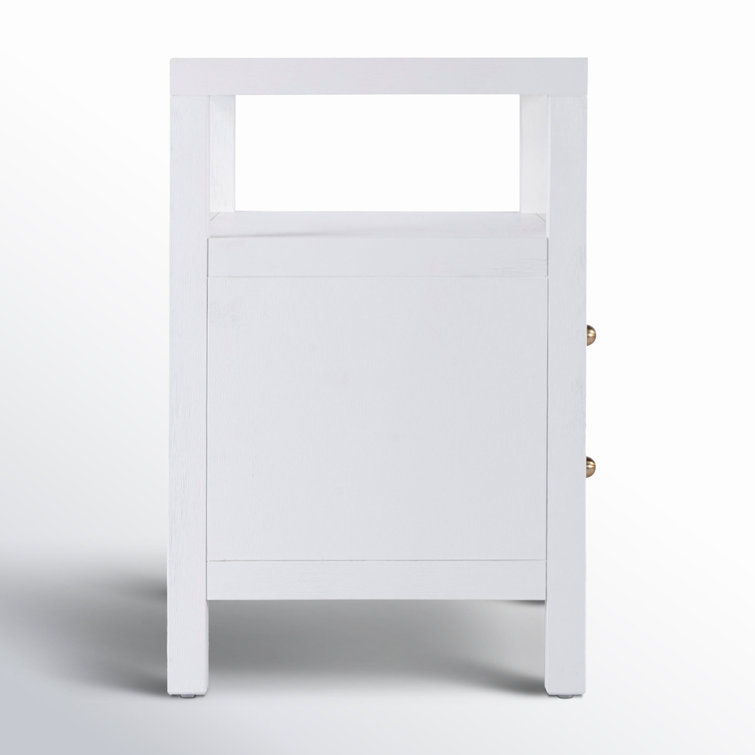 White Acacia Wood 2-Drawer Nightstand with Gold Pulls
