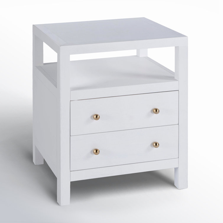 White Acacia Wood 2-Drawer Nightstand with Gold Pulls