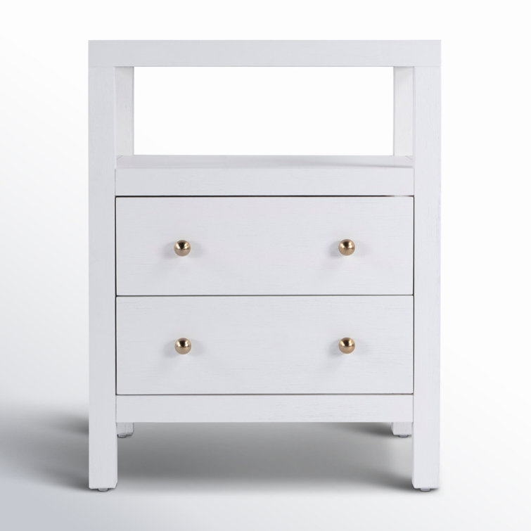 White Acacia Wood 2-Drawer Nightstand with Gold Pulls