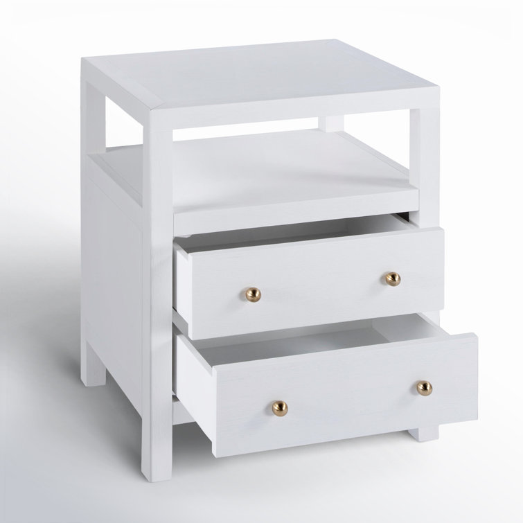 White Acacia Wood 2-Drawer Nightstand with Gold Pulls