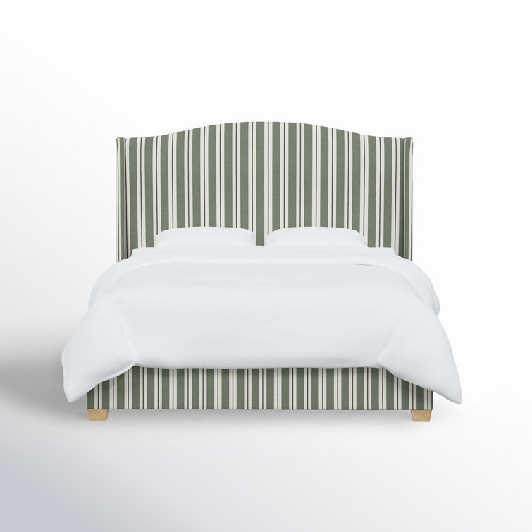 California King Green Striped Upholstered Wingback Bed