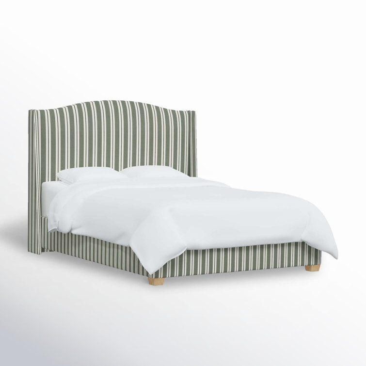 California King Green Striped Upholstered Wingback Bed