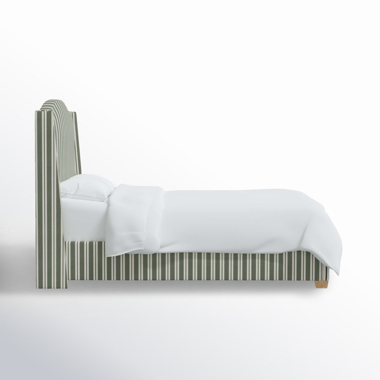 California King Green Striped Upholstered Wingback Bed
