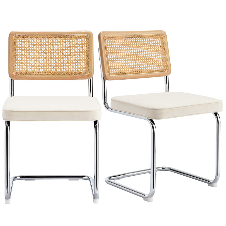 Cream White Linen Upholstered Side Chair with Chrome Legs and Cane Back
