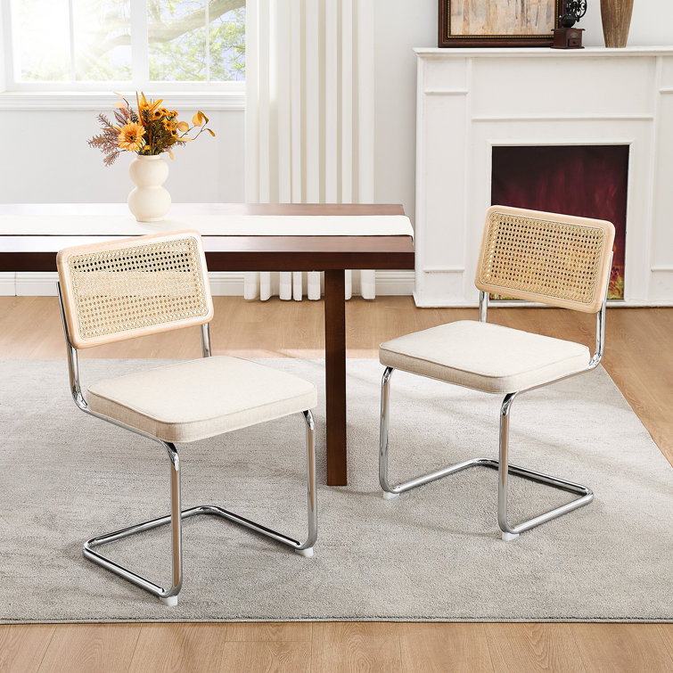 Cream White Linen Upholstered Side Chair with Chrome Legs and Cane Back