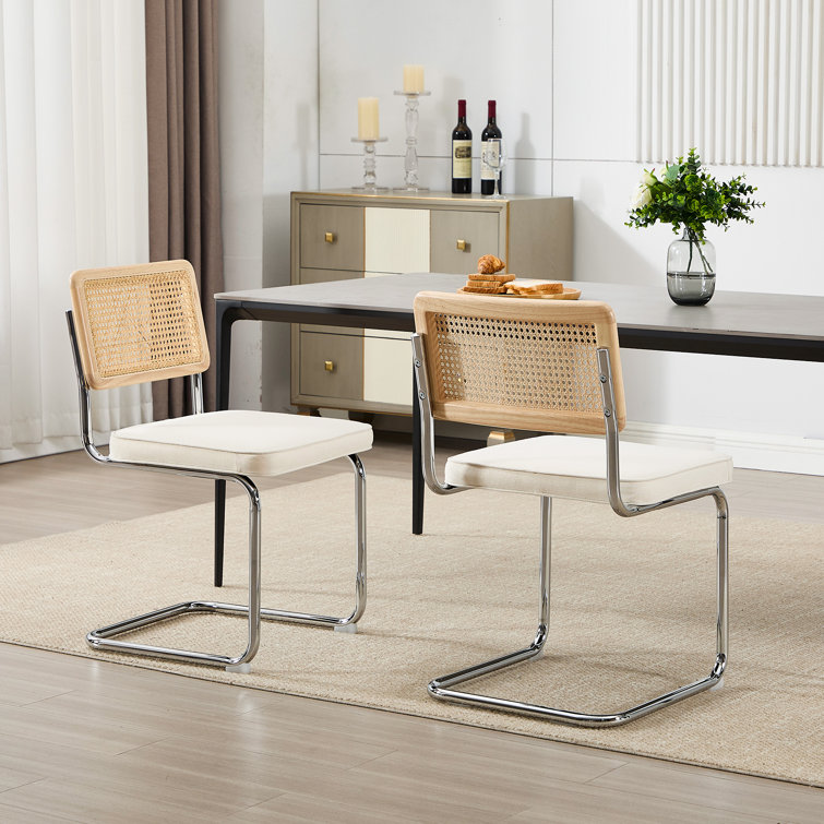 Cream White Linen Upholstered Side Chair with Chrome Legs and Cane Back