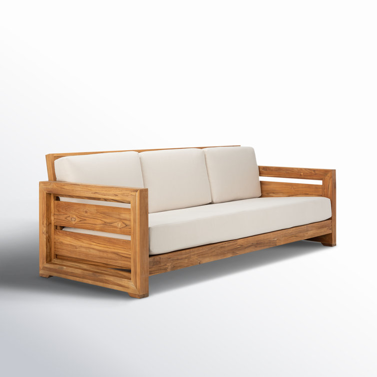 Natural Teak Wood Outdoor 3-Seat Sofa with Cream Cushions
