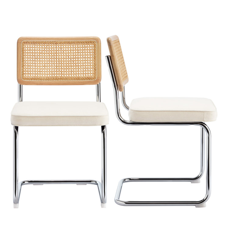Cream White Linen Upholstered Side Chair with Chrome Legs and Cane Back