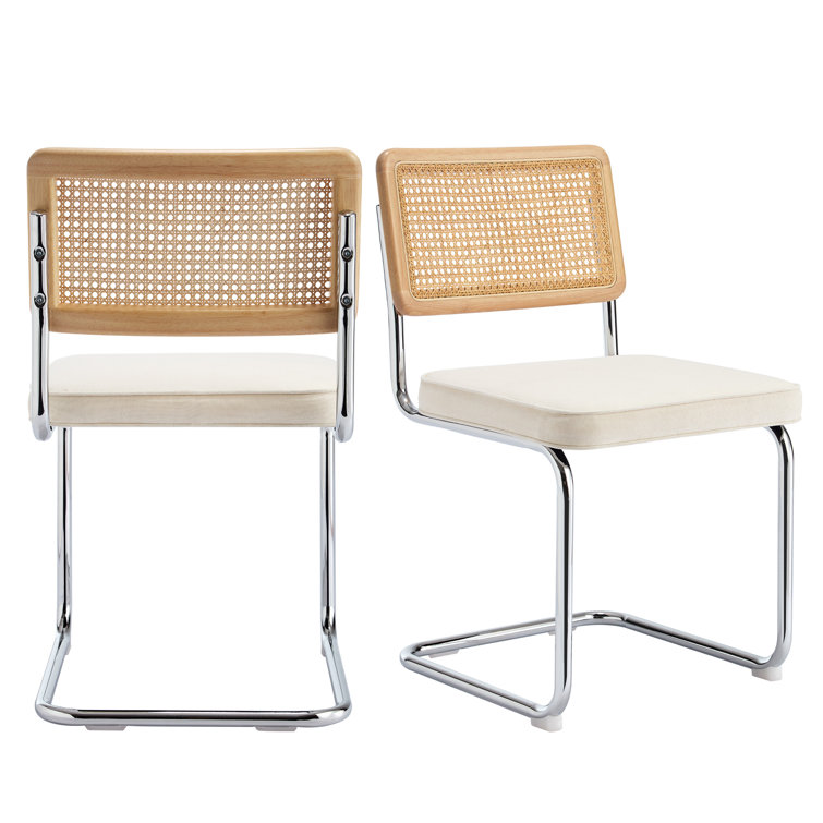 Cream White Linen Upholstered Side Chair with Chrome Legs and Cane Back