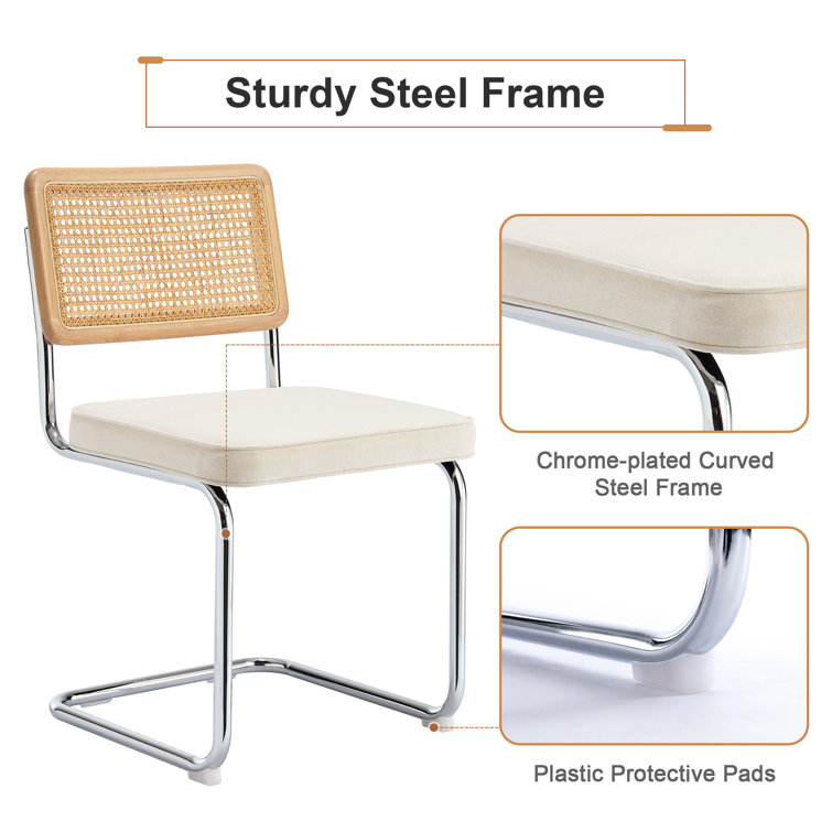 Cream White Linen Upholstered Side Chair with Chrome Legs and Cane Back