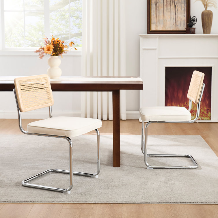 Cream White Linen Upholstered Side Chair with Chrome Legs and Cane Back