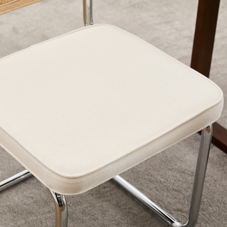 Cream White Linen Upholstered Side Chair with Chrome Legs and Cane Back