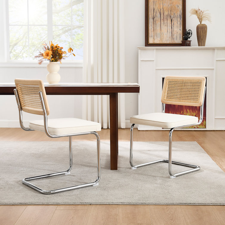 Cream White Linen Upholstered Side Chair with Chrome Legs and Cane Back