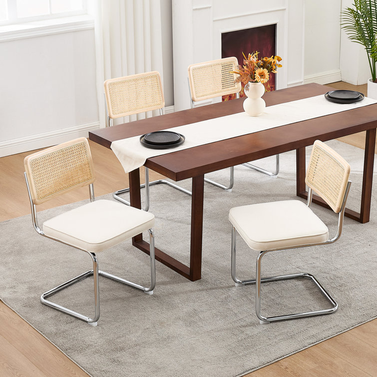 Cream White Linen Upholstered Side Chair with Chrome Legs and Cane Back
