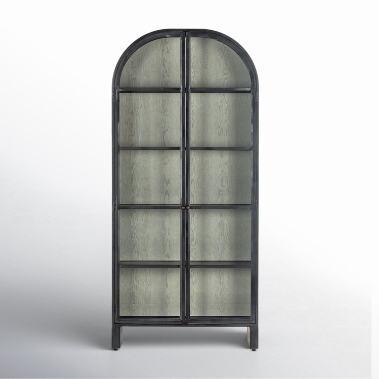 Tall Black Iron and Vintage White Oak Arched Display Cabinet