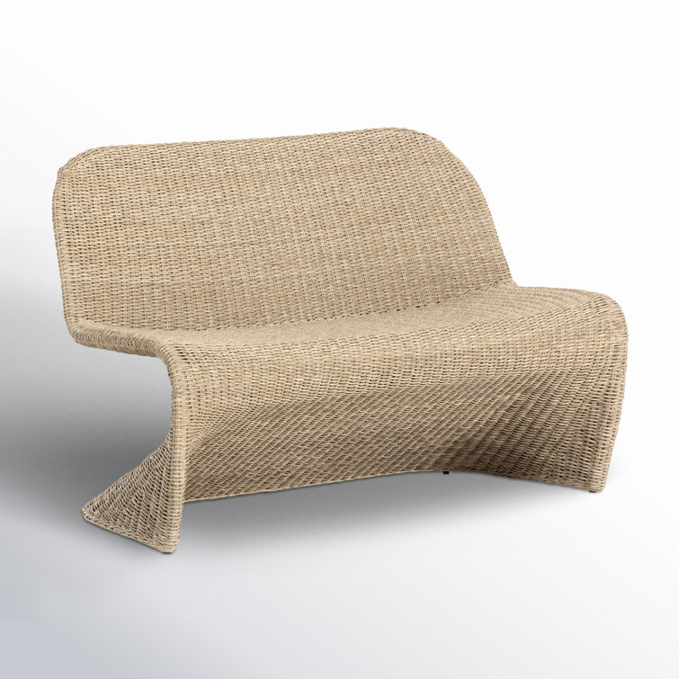 Curved Natural Wicker Outdoor Bench in Beige