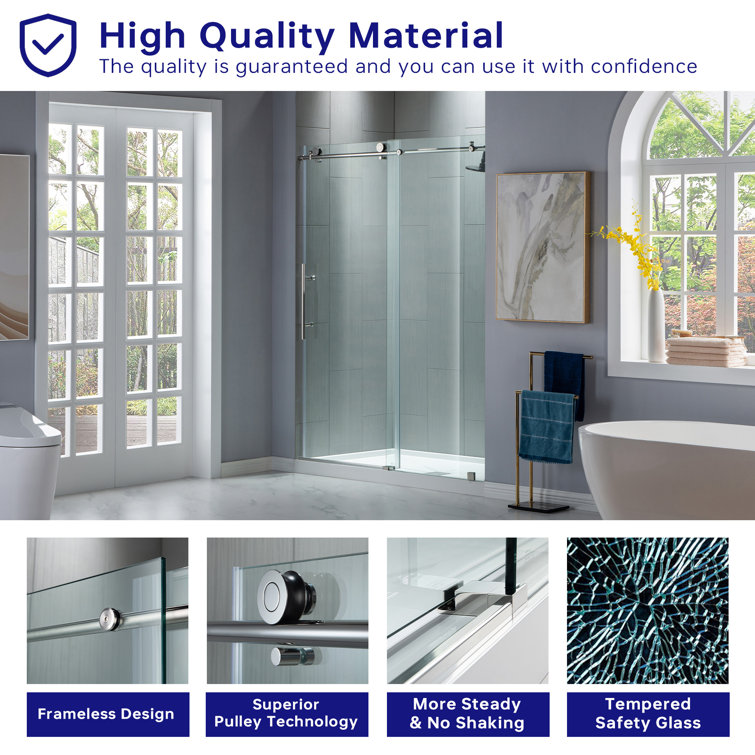 Chrome Finish Frameless Sliding Shower Door with Clear Tempered Glass