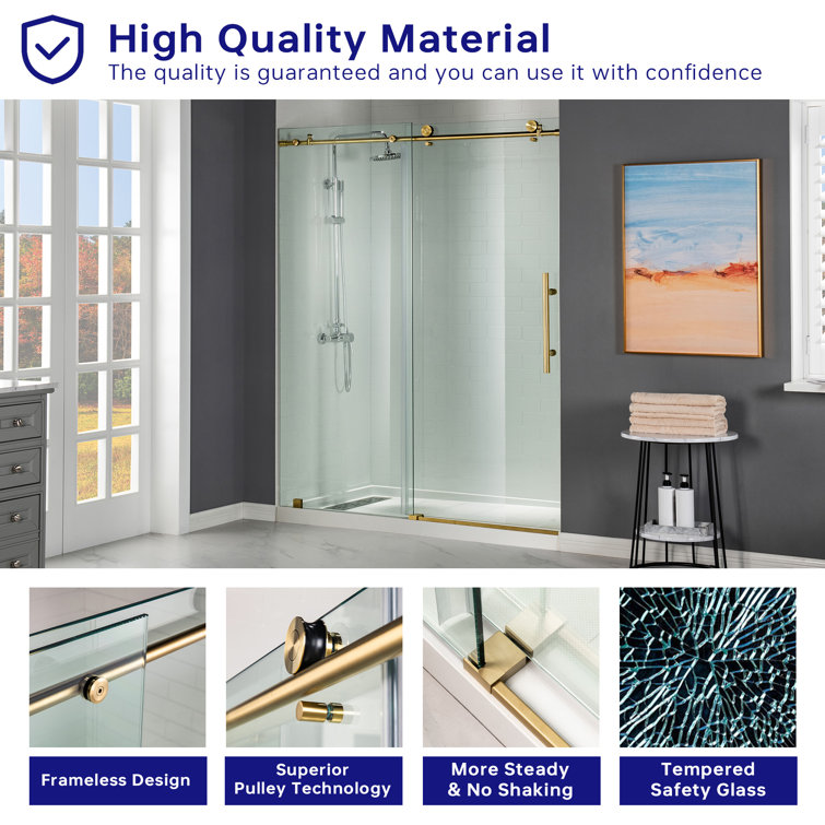 Gold Frameless Sliding Shower Door with Clear Tempered Glass