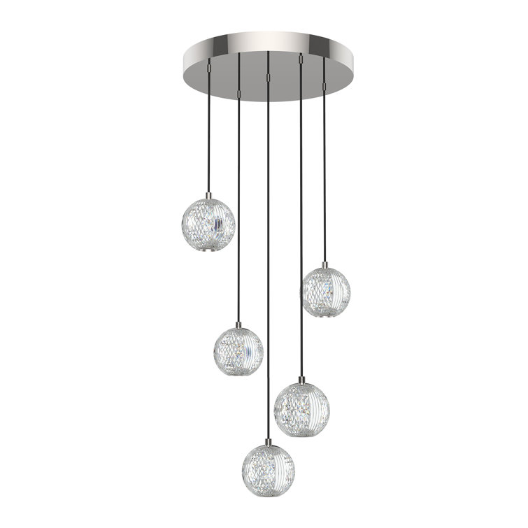 Marni Polished Nickel 5-Light LED Cluster Pendant with Spherical Cut Glass