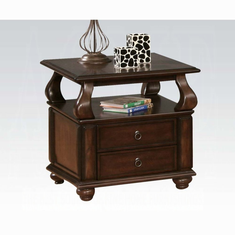 Walnut Round Wooden End Table with Storage and Bun Legs