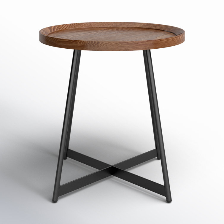 Walnut and Black Round Metal Cross Legs End Table