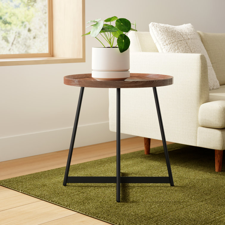 Walnut and Black Round Metal Cross Legs End Table