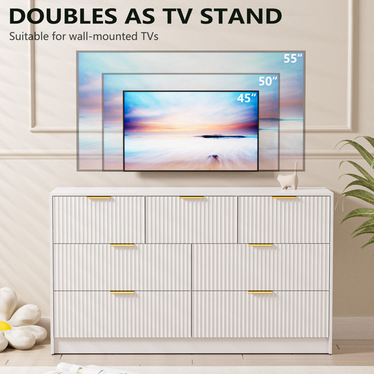 White Fluted Wood Dresser with Gold Handles, 55" Wide