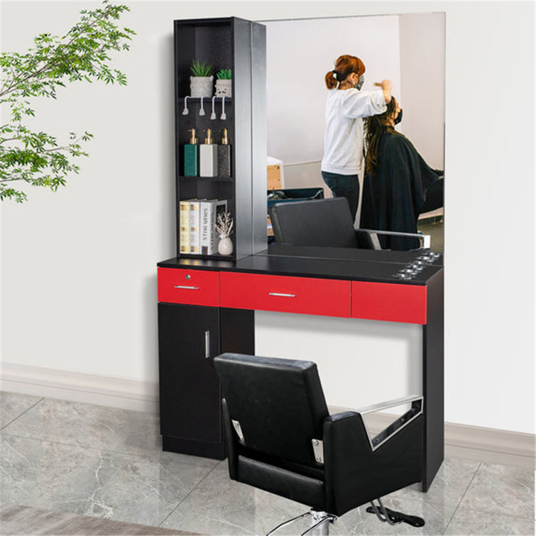 Black and Red Particle Board Wall Mount Barber Station with Mirror