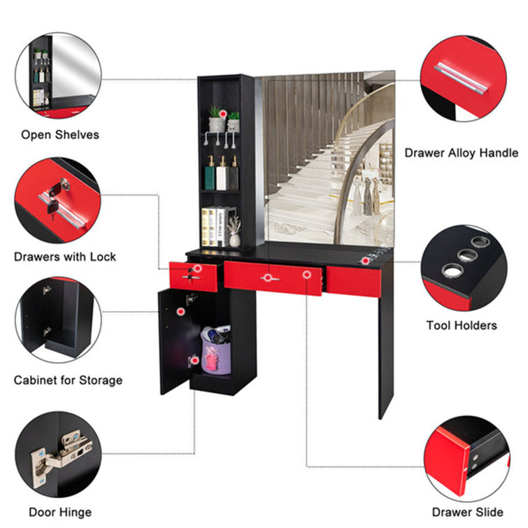 Black and Red Particle Board Wall Mount Barber Station with Mirror