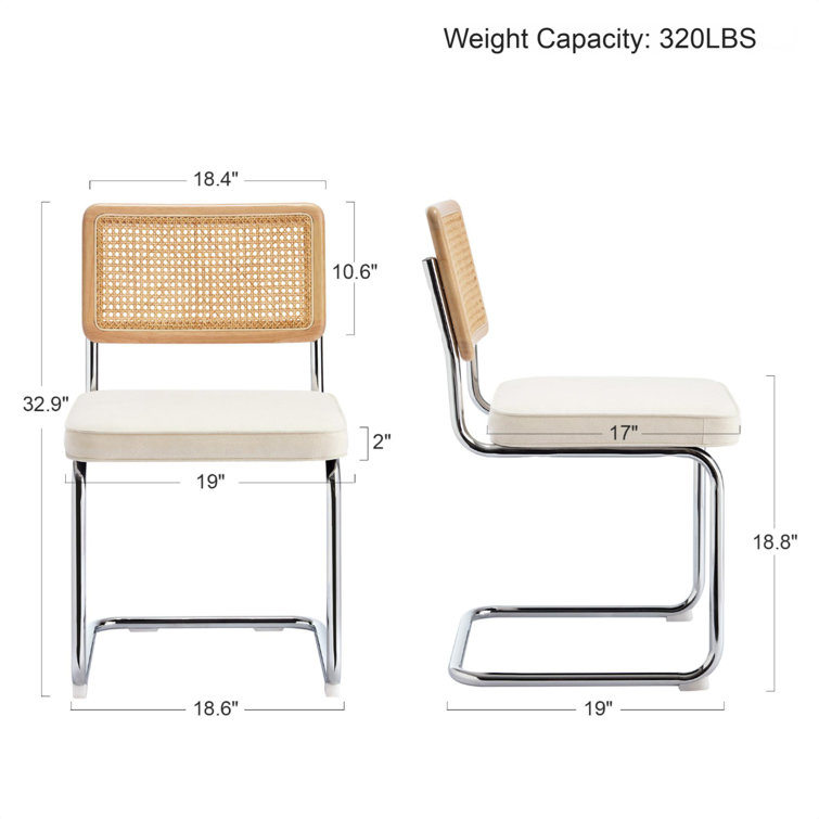 Cream White Linen Upholstered Side Chair with Chrome Legs and Cane Back
