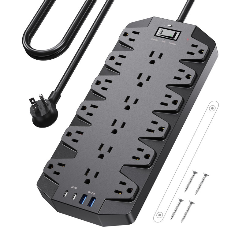 Black Heavy Duty Surge Protector Power Strip with USB Ports