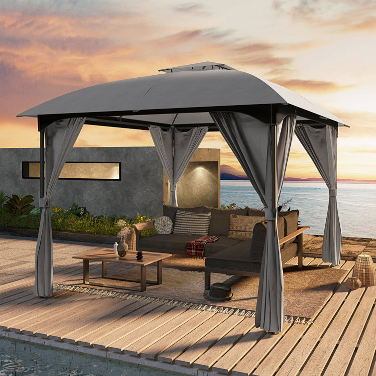 10x10 Gray Steel Patio Gazebo with Privacy Curtains