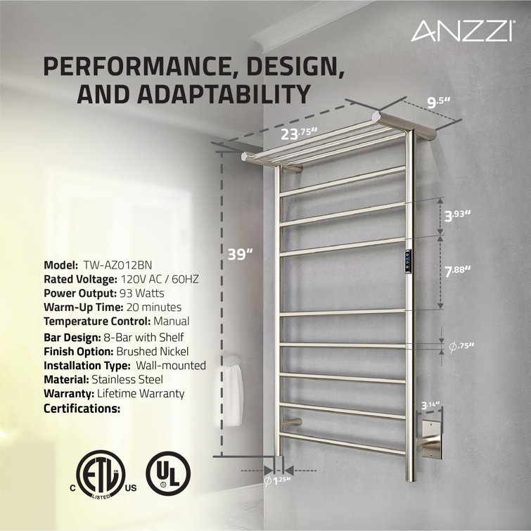 Brushed Nickel 8-Bar Wall Mounted Electric Towel Warmer