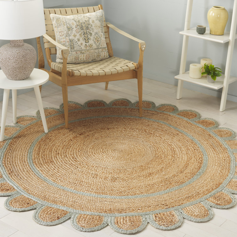 Handwoven Natural Jute and Light Blue Geometric Rectangular Rug 4' x 6'