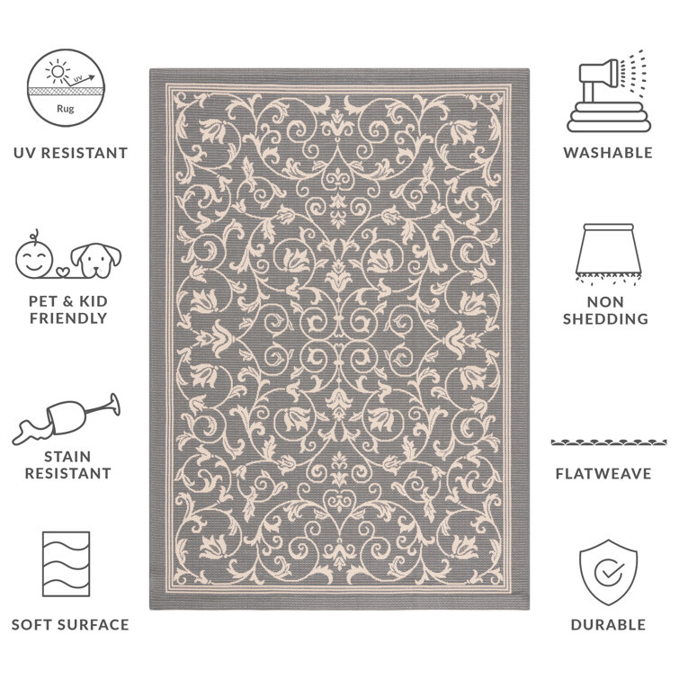 Gray Rectangular Baroque Print Synthetic Outdoor Area Rug