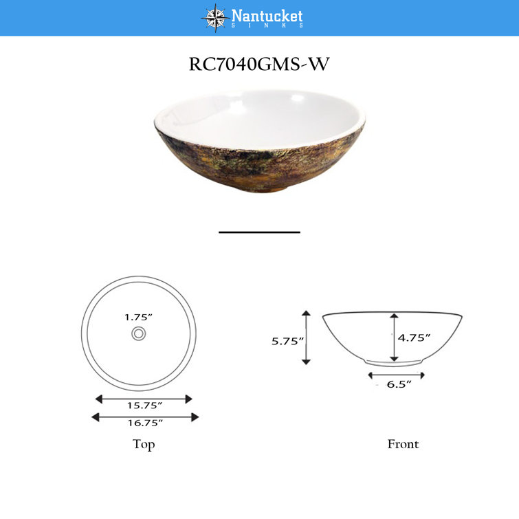 White and Gold Ceramic Vessel Sink with Fireclay Finish