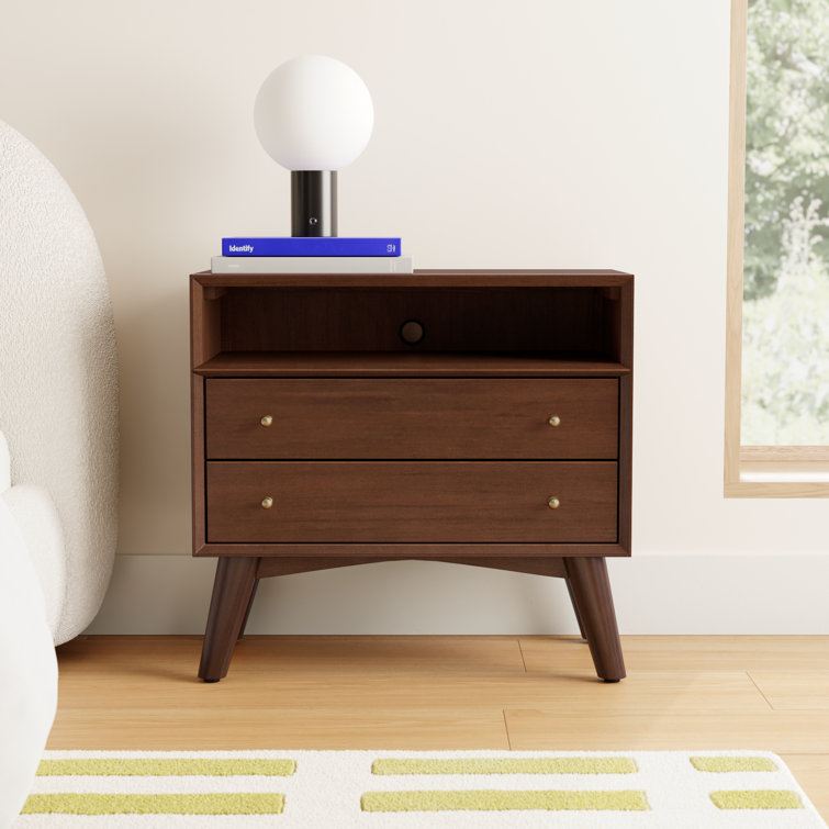 Walnut Brown Mahogany 2-Drawer Nightstand with Shelf