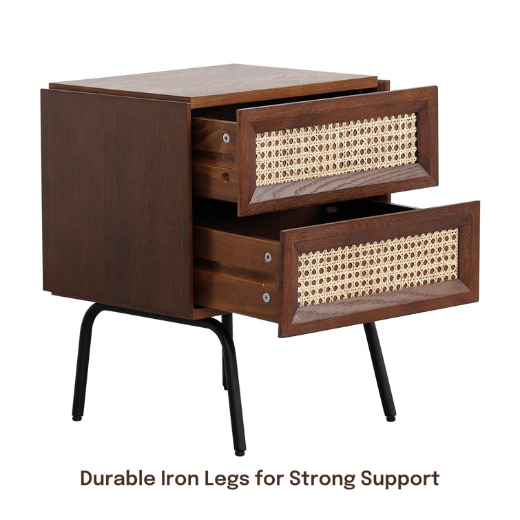 Dark Walnut and Natural Rattan 2-Drawer Mid-Century Nightstand