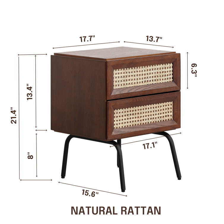 Dark Walnut and Natural Rattan 2-Drawer Mid-Century Nightstand
