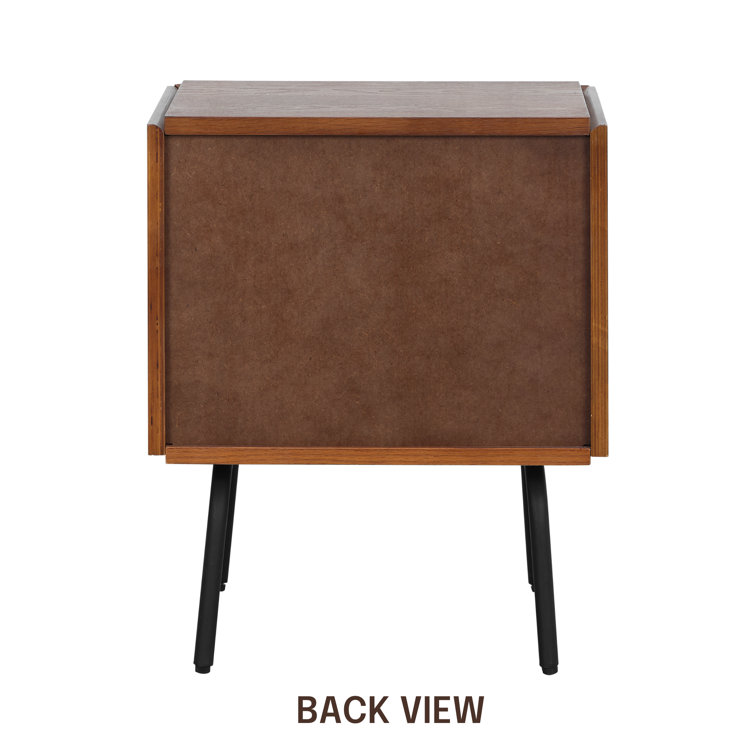 Dark Walnut and Natural Rattan 2-Drawer Mid-Century Nightstand