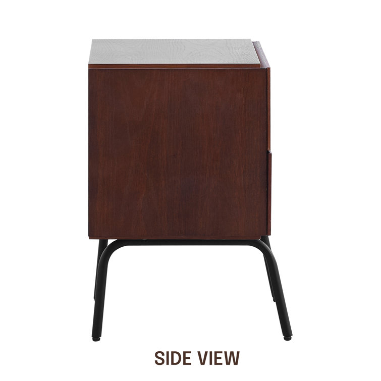 Dark Walnut and Natural Rattan 2-Drawer Mid-Century Nightstand