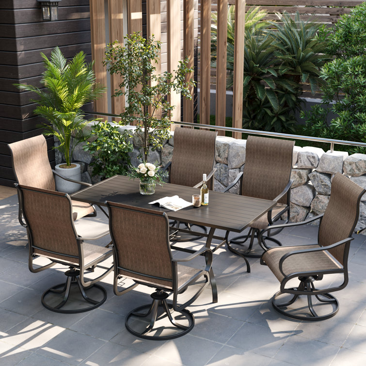 Brown Swivel Patio Dining Chairs with Cushions, Set of 6