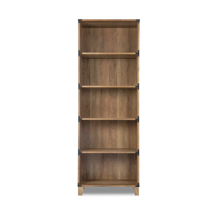 Rustic Oak 5-Shelf Bookcase with Black Metal Brackets