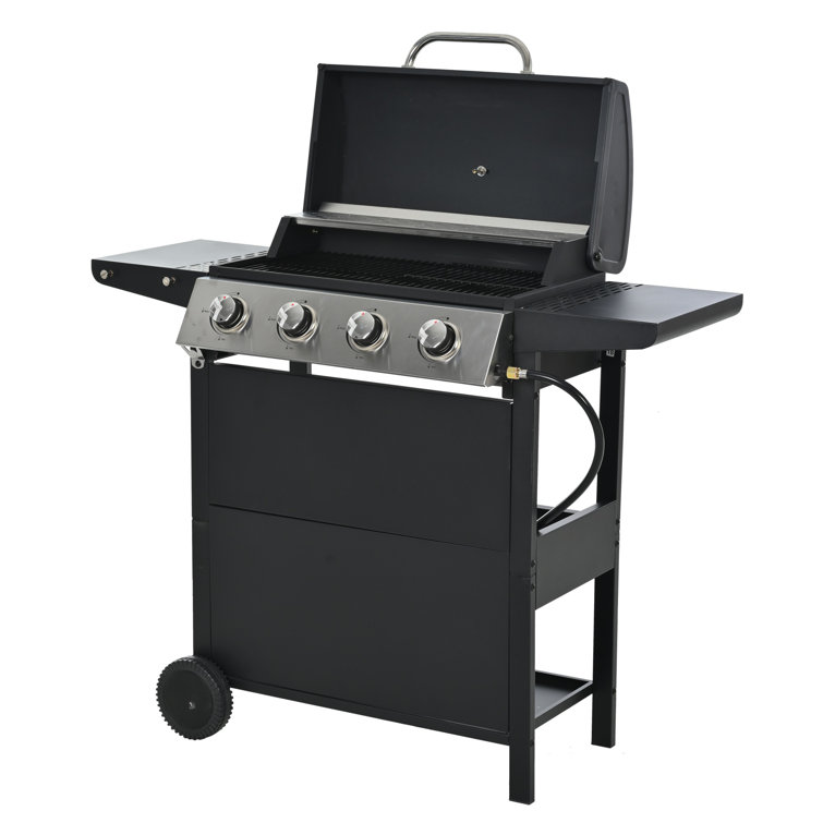 Black Stainless Steel 4-Burner Propane Gas Grill with Side Burner