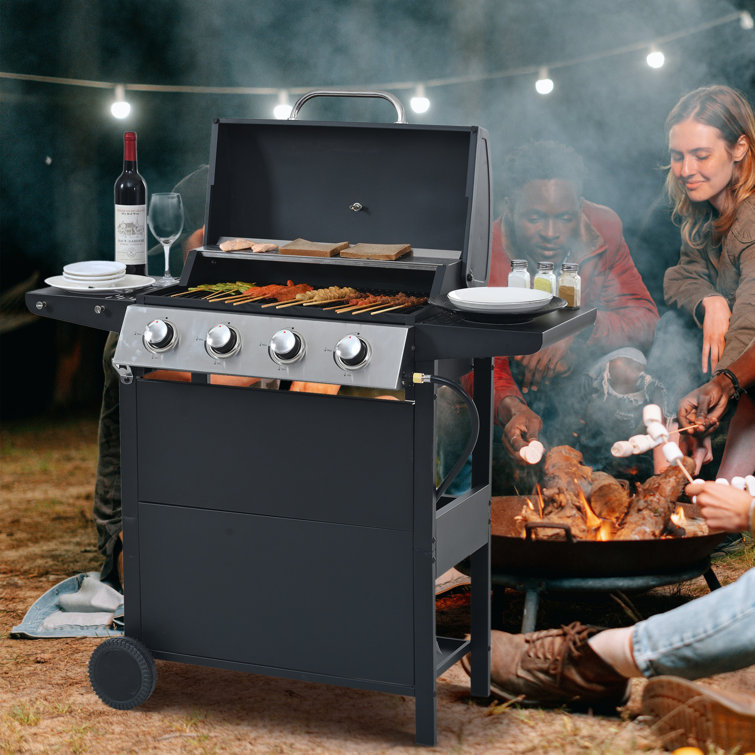 Black Stainless Steel 4-Burner Propane Gas Grill with Side Burner