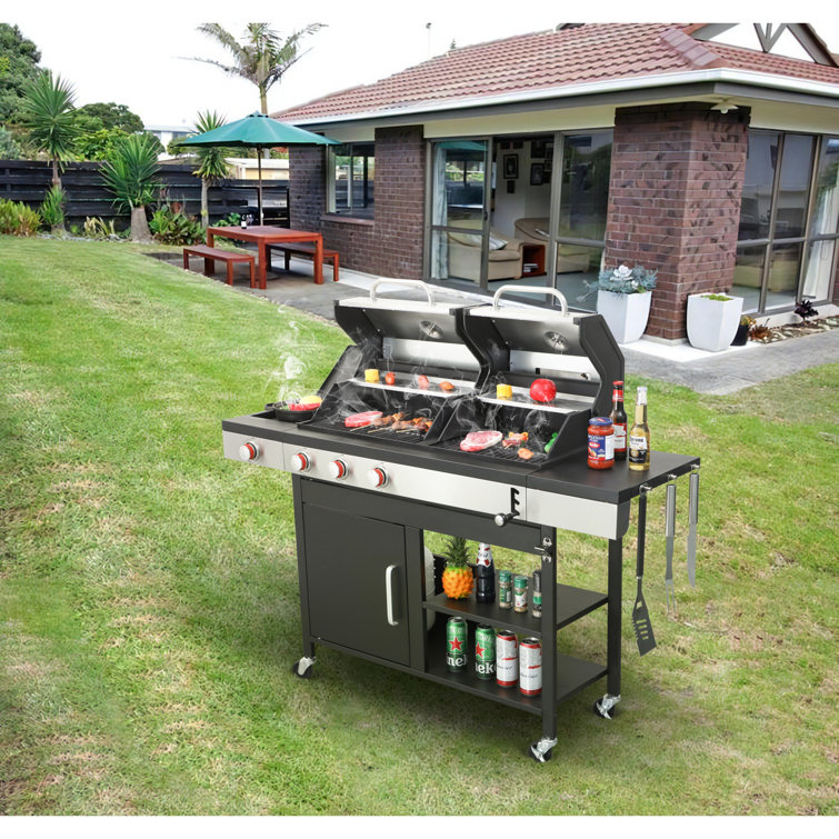 Stainless Steel 3-Burner Propane Gas and Charcoal Grill with Side Burner