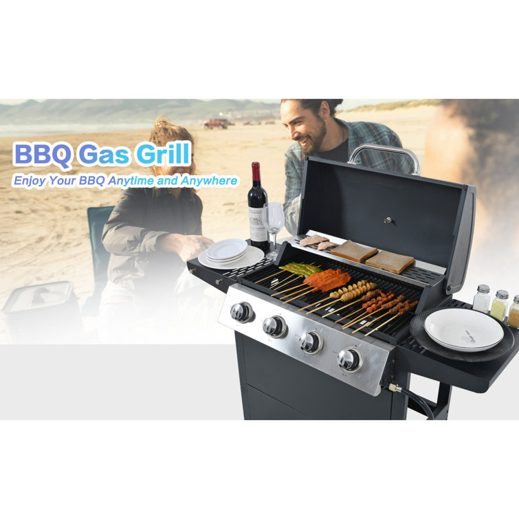 Black Stainless Steel 4-Burner Propane Gas Grill with Side Burner