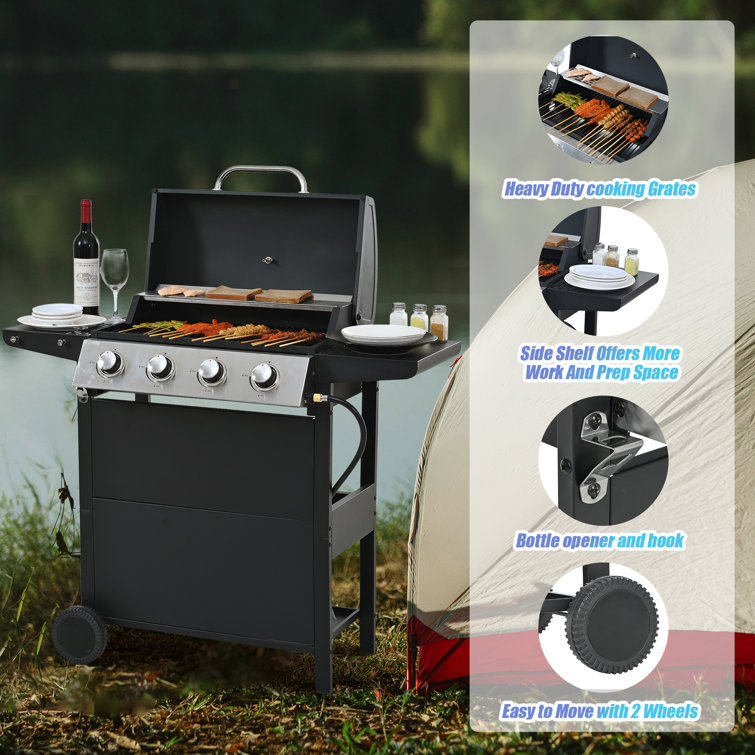 Black Stainless Steel 4-Burner Propane Gas Grill with Side Burner
