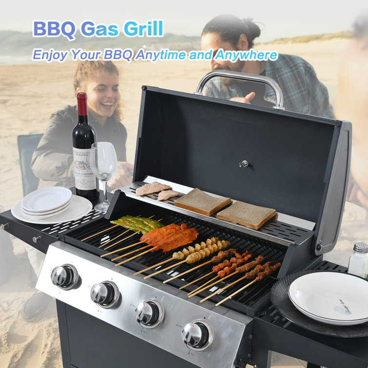 Black Stainless Steel 4-Burner Propane Gas Grill with Side Burner